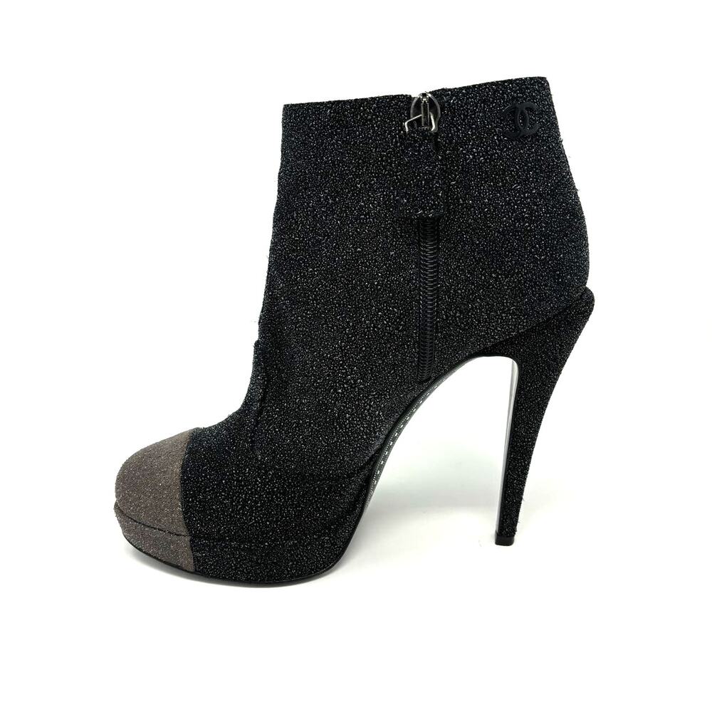 CHANEL Black Grey Glitter Leather Heel Booties Size 37 CC Logo